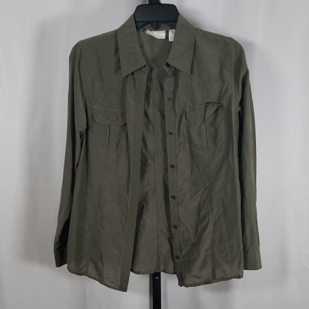 Chico's Army Green Silk Cotton Button Up - SZ 0‎